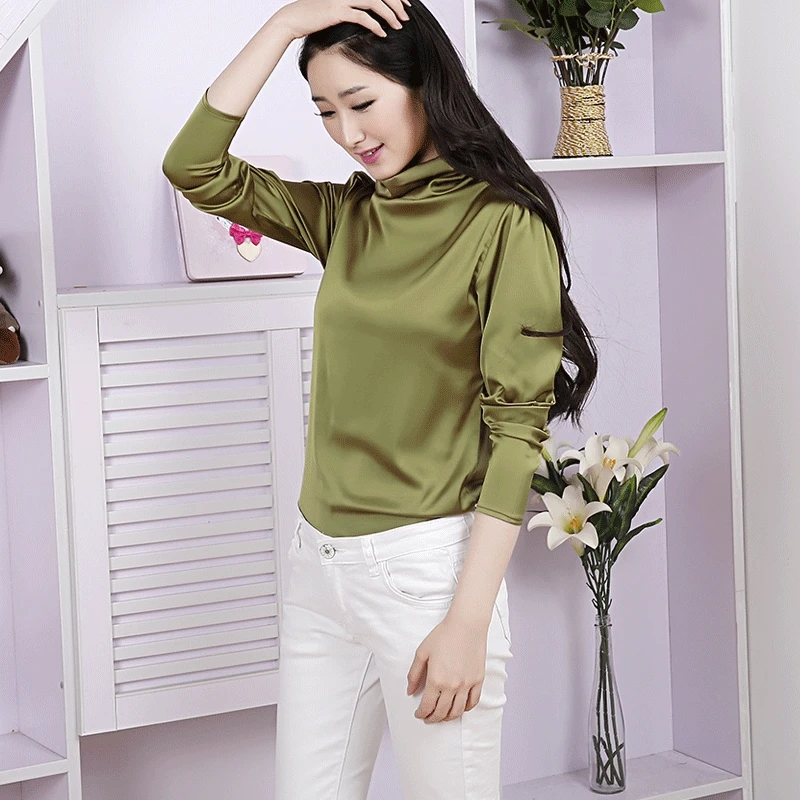 

Woman Hot Sale Autumn Solid Turtleneck 60% Silk Tops Female Spring Hedging Full Tees Lady 60% Silk Slim Shirts