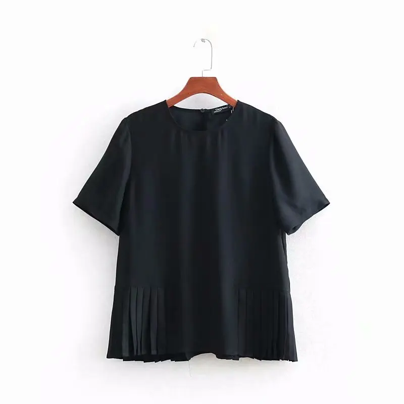 Новинка, женская модная блузка с круглым вырезом, коротким рукавом, подолом и складками, рубашки, женская Повседневная Деловая шифоновая блуза, Женская сорочка, топы LS3360