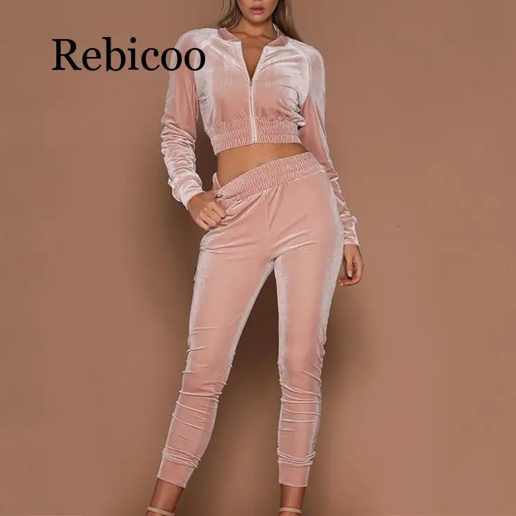 

Rebicoo 2019 fashion hot women's casual simple hoodie sweatshirt pants suit women's belly back casual velvet face suit
