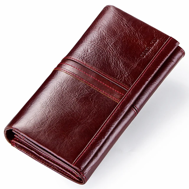 Contact's Genuine Leather Wallet Women Wallet Credit Card Holder Female Purse Organizer Walet Women Clutch Bag Red Green Long - Цвет: red-B