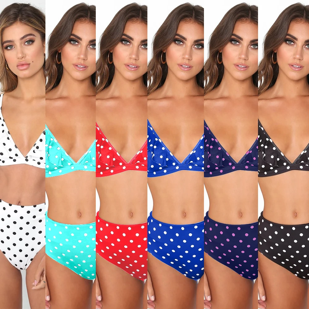 

Ruffled deep V bikini 2 piece set 2019 summer beach sexy high waist ladies swimsuit High quality 40D polyester wave dot printing