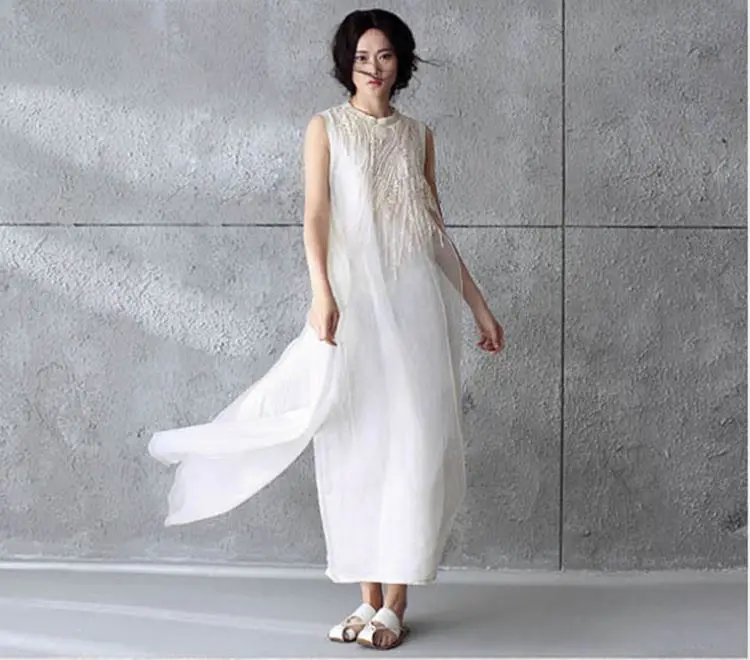 2017 Womens Summer Embroidery Casual Dress Women Sleeveless Linen Guaze False two pieces Maxi Y03208 | Женская одежда