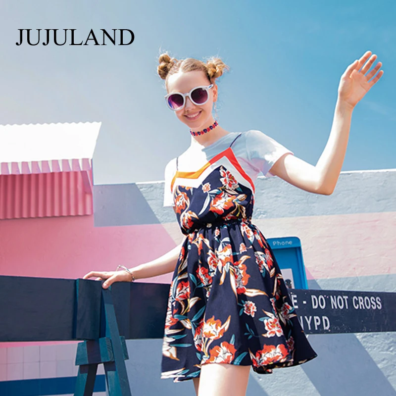 2018 Women Two Piece Set Summer Dresses Big Sizes Elastic Waist Floral V-Neck Halter Dress and Soild White T-Shirt 2 set | Женские