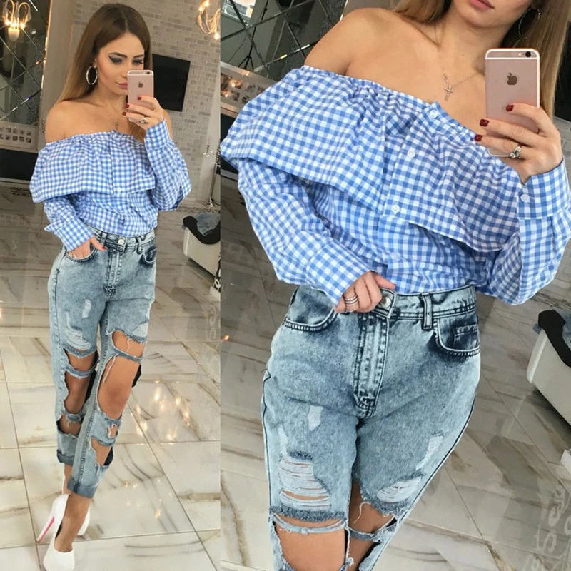 4 color xl plus size Fashion Casual Ruffles Slash Neck Plaid Long Sleeve Cotton blouse Sexy off shoulder Women tops shirt |