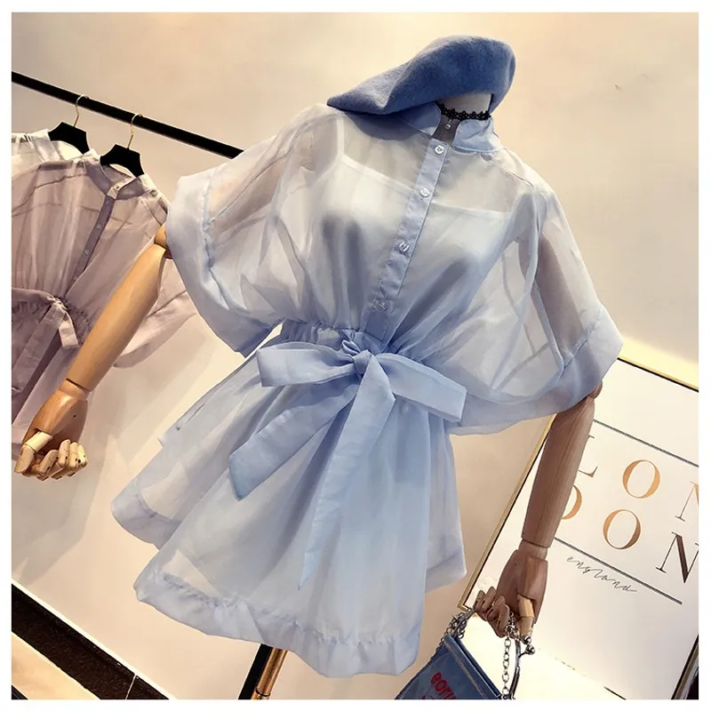 Осень 2018 женские милые кружевная блузка рубашка с высоким воротом Полный Flare