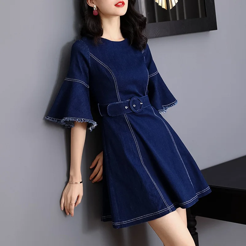 2019 Spring Fashion Retro Burr O-Neck Women Denim Dress Slim Casual Sashes Cowboy Jeans A-Line Mini Dresses Vestidos HJ02 | Женская