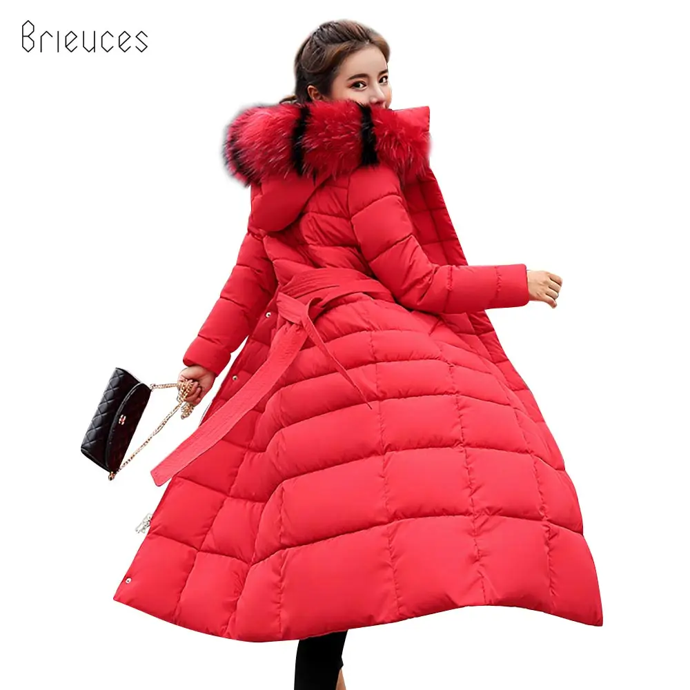 

Brieuces high quality fur collar women long winter coat female warm wadded jacket womens outerwear parka casaco feminino inverno