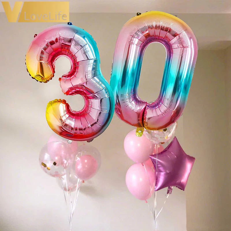 2 шт./лот 32 дюйма градиентный цветной воздушный шар с номером фольги 18 20 21 30 40 50 лет