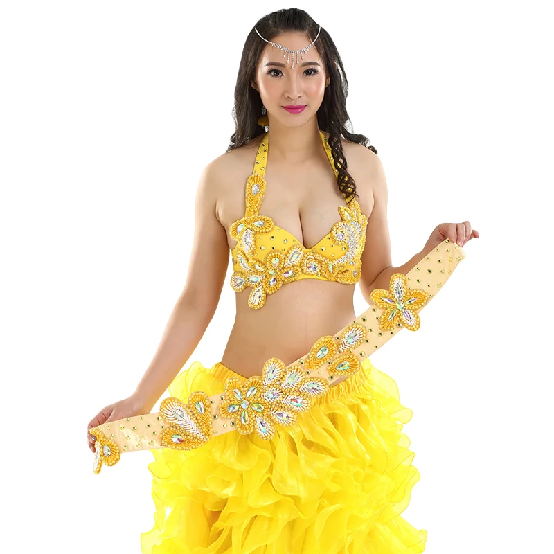 Yellow 2pcs Профессиональный костюм для восточных танцев 2шт/3 шт бюстгальтер пояс юбка взрослый танец живота представление костюмы Профессиональный танец живота - Цвет: Yellow 2pcs