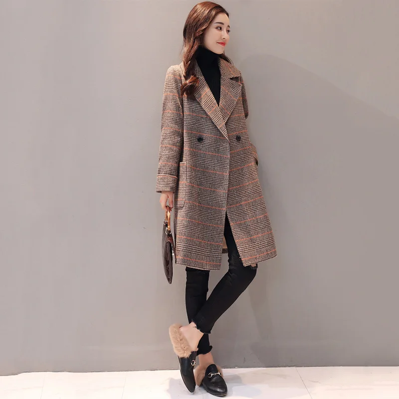 

Women's Parker Long Section 2019 Spring Autumn New Woolen Coat Korean Lattice Jacket Popular Herringbone Woolen Outerwear winter
