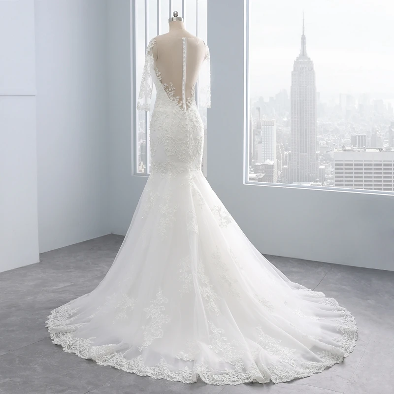 Женское свадебное платье с юбкой годе белое кружевное полурукавами и