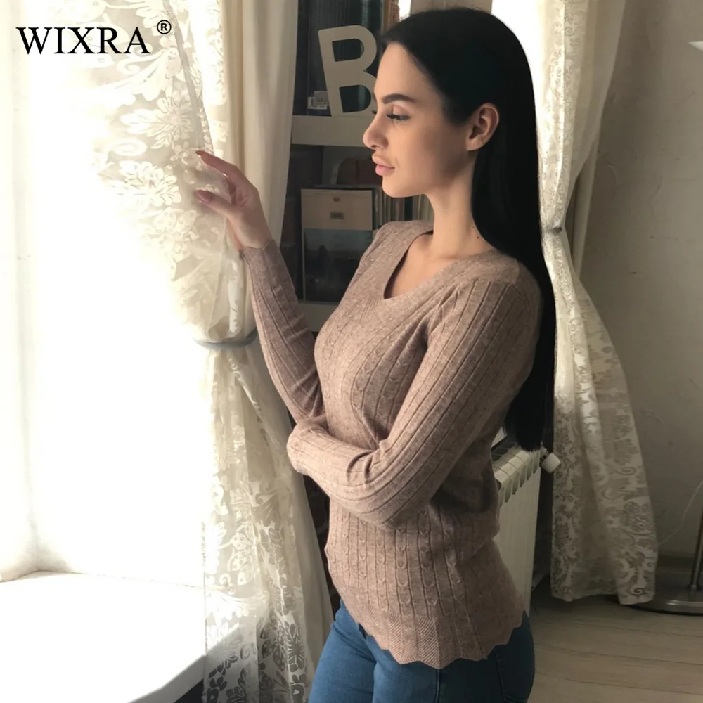 Wixra 2017 Осень Зима Новые Модные Женские однотонные тонкие пуловеры с v-образным