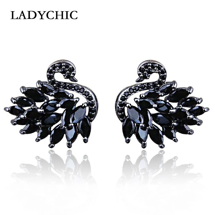 LADYCHIC, дизайн, кристальная серьга с лебедем, черный, прозрачный, многоцветный, кубический цирконий, камень, серьги-гвоздики для женщин, модное ювелирное изделие