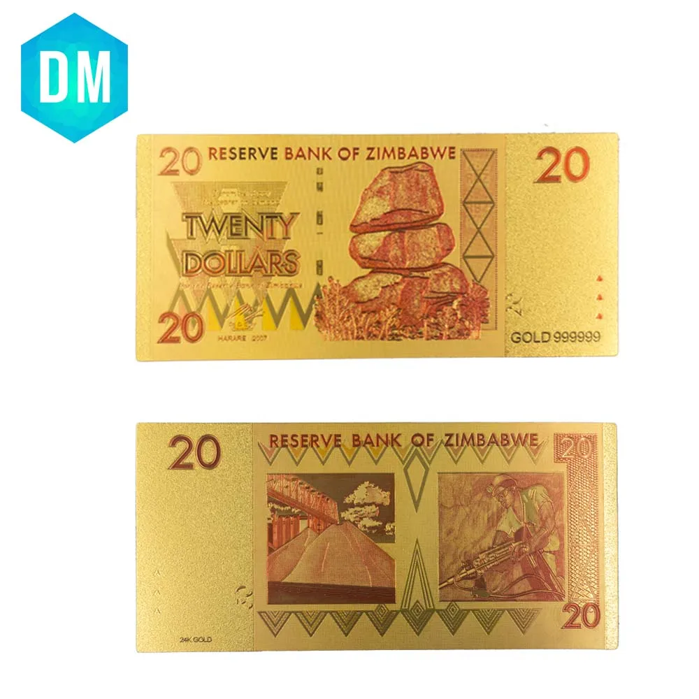 

Wishonor Zimbabwe Banknote 20 Dollars Banknotes in 24k Gold Plated Fake Paper Money For Collection and Free Shipping