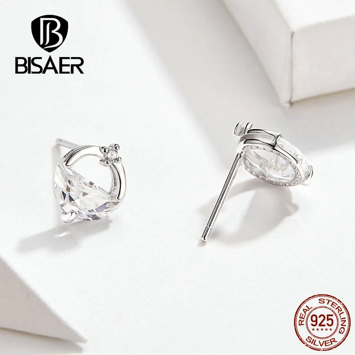 BISAER, циркониевые серьги, 925 пробы, серебро, прозрачный кубический циркон, Круглый Круг, маленькие серьги-гвоздики для женщин, свадебные ювелирные изделия EFE167