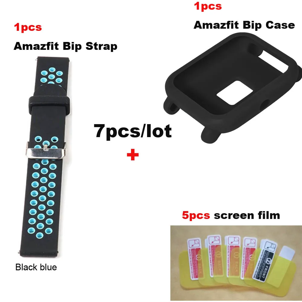 7/лот для Xiaomi Huami Amazfit Bip Bit Lite ремешок для часов 20 мм наручный браслет защита экрана Pantalla пленка защитный чехол - Цвет: BlackBlue-Black Case