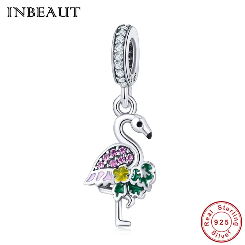 INBEAUT 925 пробы серебряный милый CZ зеленый розовый эмаль Фламинго журавль птицы
