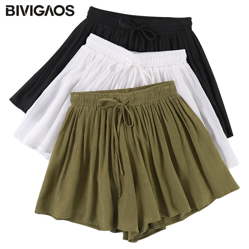 

BIVIGAOS Summer Women's Wrinkled Silk Thin Chiffon Shorts Skirts Pastoral Style Loose Casual Wide Leg Short Drawstring Shorts