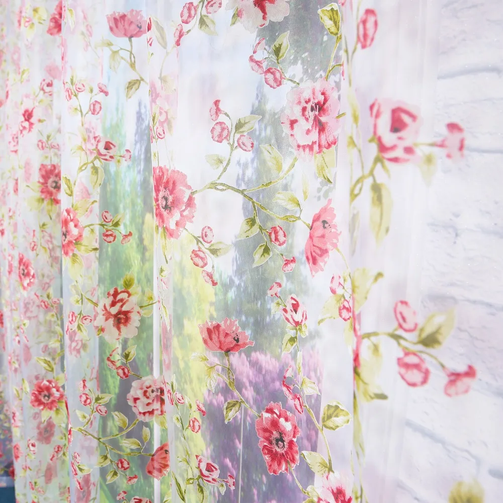 Оконная занавеска прозрачная красная с цветочным принтом для дома гостиной