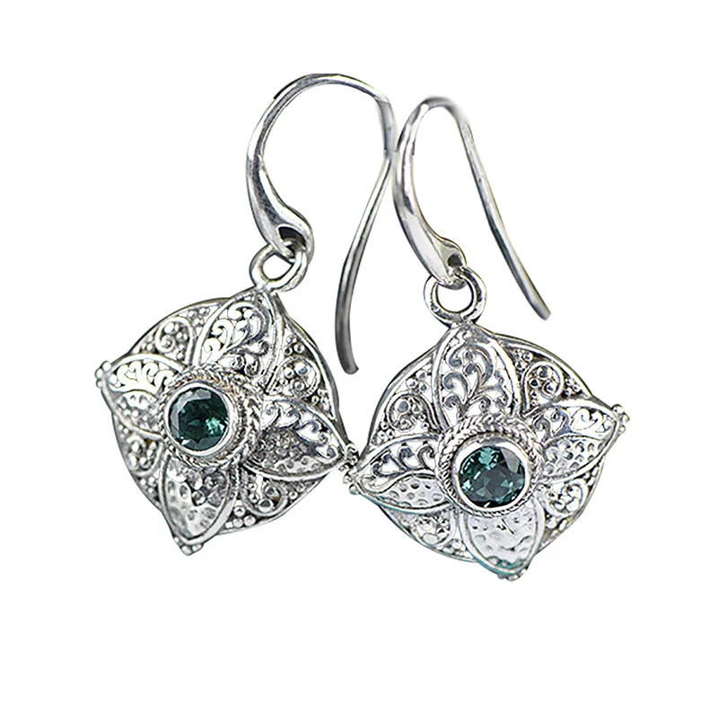 

925 Sterling Silver Drop Earrings Natural Stone Emerald Vintage Geometric Earrings For Women Wholesale Lots Bulk Jewelry Bijoux