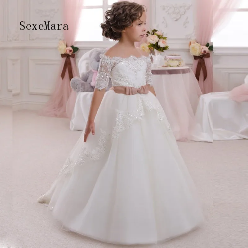Real Picture White Ivory Lace Flower Girls Dresses With Belt First Communion Dress Princess Girl | Детская одежда и обувь
