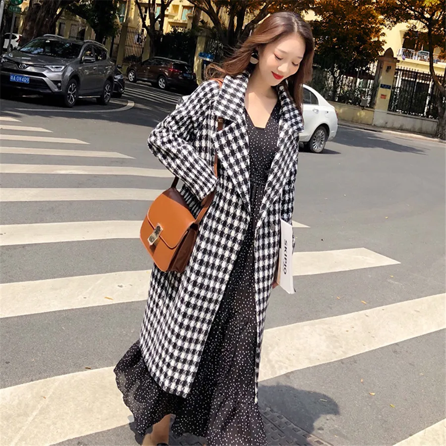 Hodisytian Winter Fashion Women Wool Blends Houndstooth Trench Coat Casual Block Check Thick Cardigan Female Cashmere Overcoat | Женская