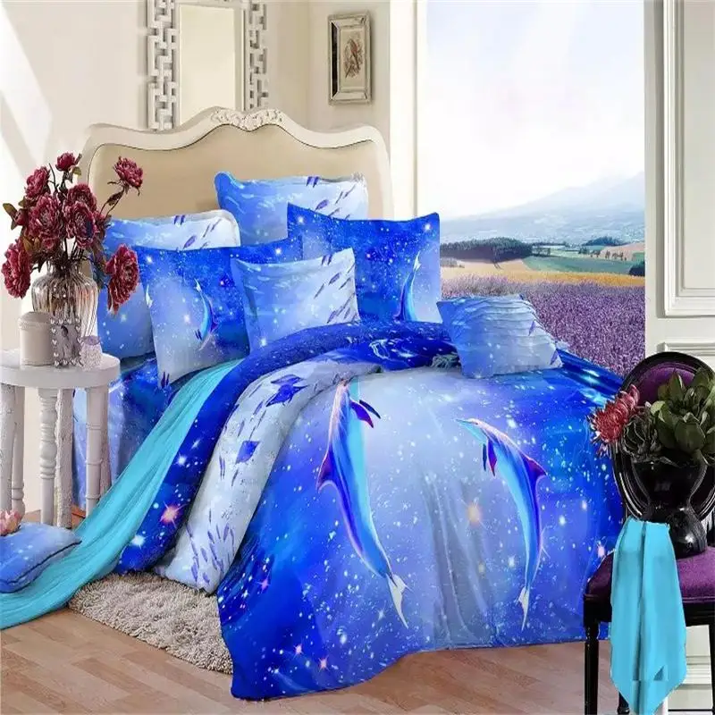 

2015 New Listing 3d Dolphin and Fish Blue Ocean Bedding Set Queen Size 100% Cotton Fabric Duvet Cover Set Bed Sheets Pillowcase