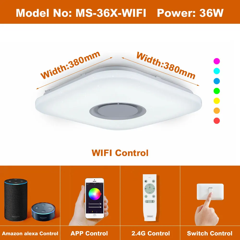 380 WIFI music 36W Умный светодиодный потолочный светильник RGB с регулируемой яркостью 25 Вт 36 Вт 52 Вт, управление через Bluetooth и музыку, современный светодиодный потолочный светильник для гостиной/спальни 220 В - Цвет корпуса: 380 WIFI music 36W