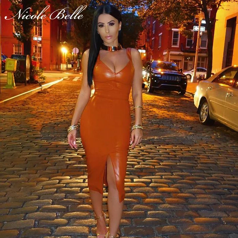 NICOLE BELLE2019new Мода знаменитостей Подиум pu платье Оранжевый v образный вырез клинья