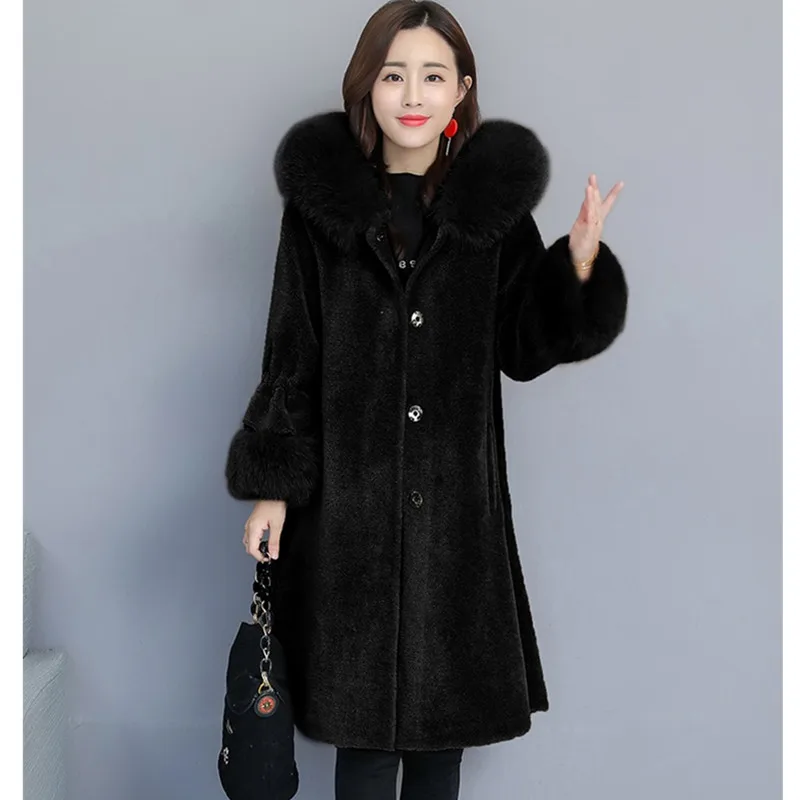

UHYTGF High Quality Winter faux Fox fur Hooded fur Coat Women Slim luxury Windbreaker fur Outerwear Sheep sheared Coat S- 2XL952