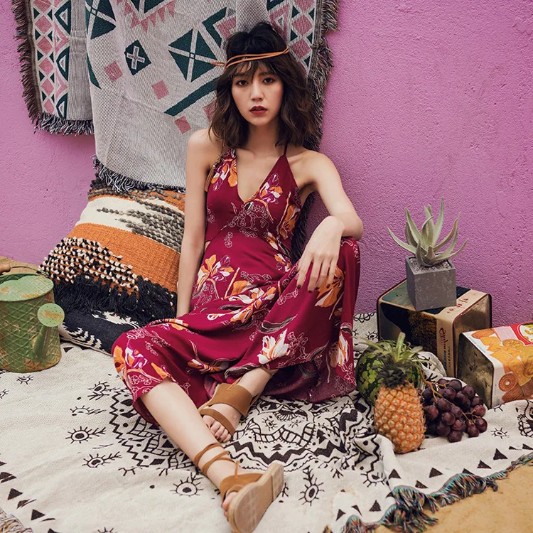 V Neck Long Boho Maxi Woman Dress Beach Summer Vintage Dresses Spaghetti Strap Sleeveless Party Vestido | Женская одежда