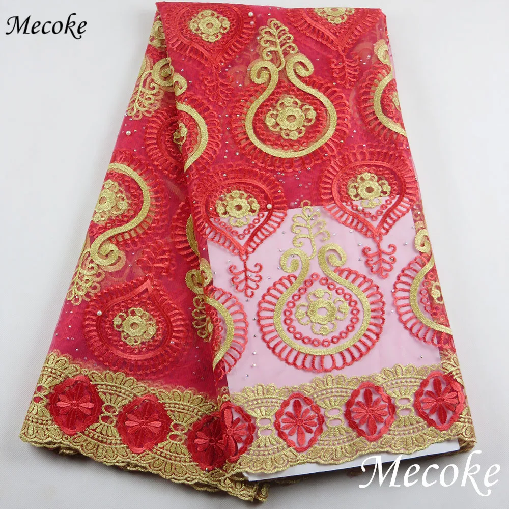2017 новое поступление красный цвет вышивка чистая африканская кружевная ткань