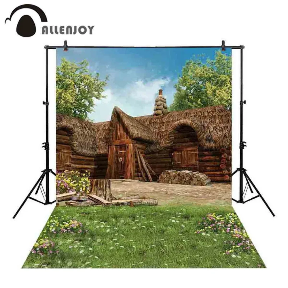 Allenjoy backdrop for photographic studio old Log house cottage spring green meadow flowers lawn background photo | Электроника