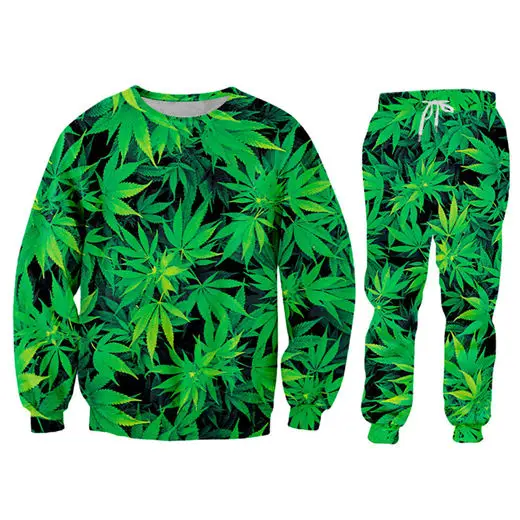 2 piece sets Модный мужской/женский спортивный костюм из 2 предметов, Harajuku, 3d зеленый Конопляный пуловер с листьями, толстовка+ спортивные штаны, одежда унисекс на заказ - Цвет: 2 piece sets