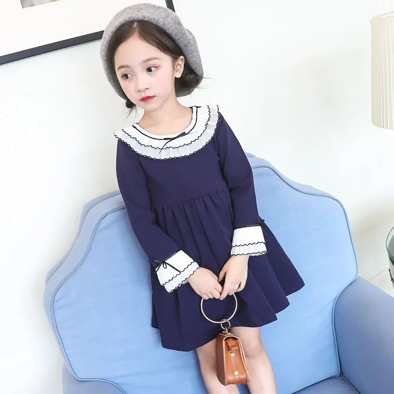 Girls Dress 2018 New Autumn Casual Long Sleeve bow Turn-down Collar Design kids dresses for children Clothes | Детская одежда и