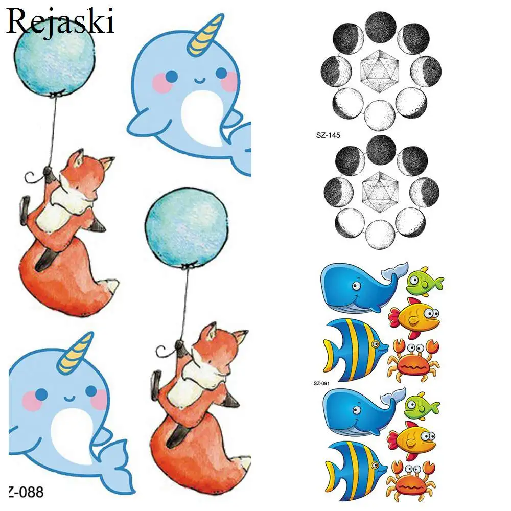 

3D Watercolor Dolphin Temporary Tattoo Stickers Kids Body Arm Flash Tatoos Fox Squirrel Children Waterproof Tattoo Women Planet