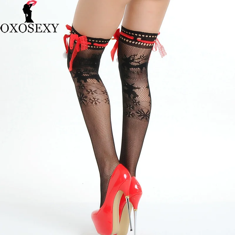 Белые Рождественские Красные кружевные чулки с бантом женские сексуальные до