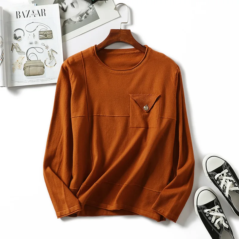 Women pullovers knitted sweater long sleeves basic o-neck tricot pocket loose warm new cashmere wool knit tops plus size | Женская