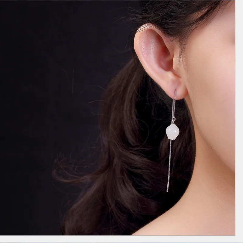 Женские длинные серьги из натурального белого нефрита 100% натуральные серебряные