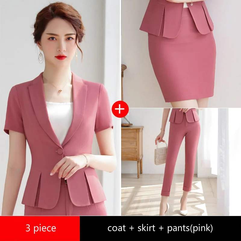 pink 3 pieces Женские костюмы, элегантная профессиональная одежда, шикарные розовые красные блейзеры, офисные женские модные повседневные рабочие костюмы, пальто и брюки, женская одежда - Цвет: pink 3 pieces