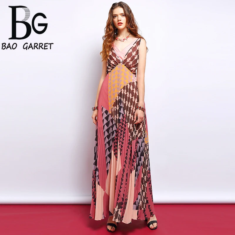 Baogarret летние Boho каникулы макси платья женские сексуальные V шеи Ruched шифон