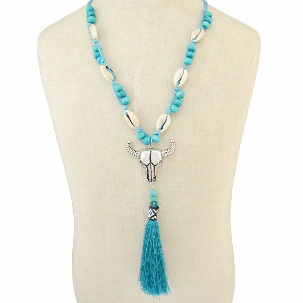 Bohemian Handmade Rope Chain Wooden Beaded Shell Cattle Pendant Necklace Tassel Long Necklaces For Women Fashion Jewelry | Украшения и