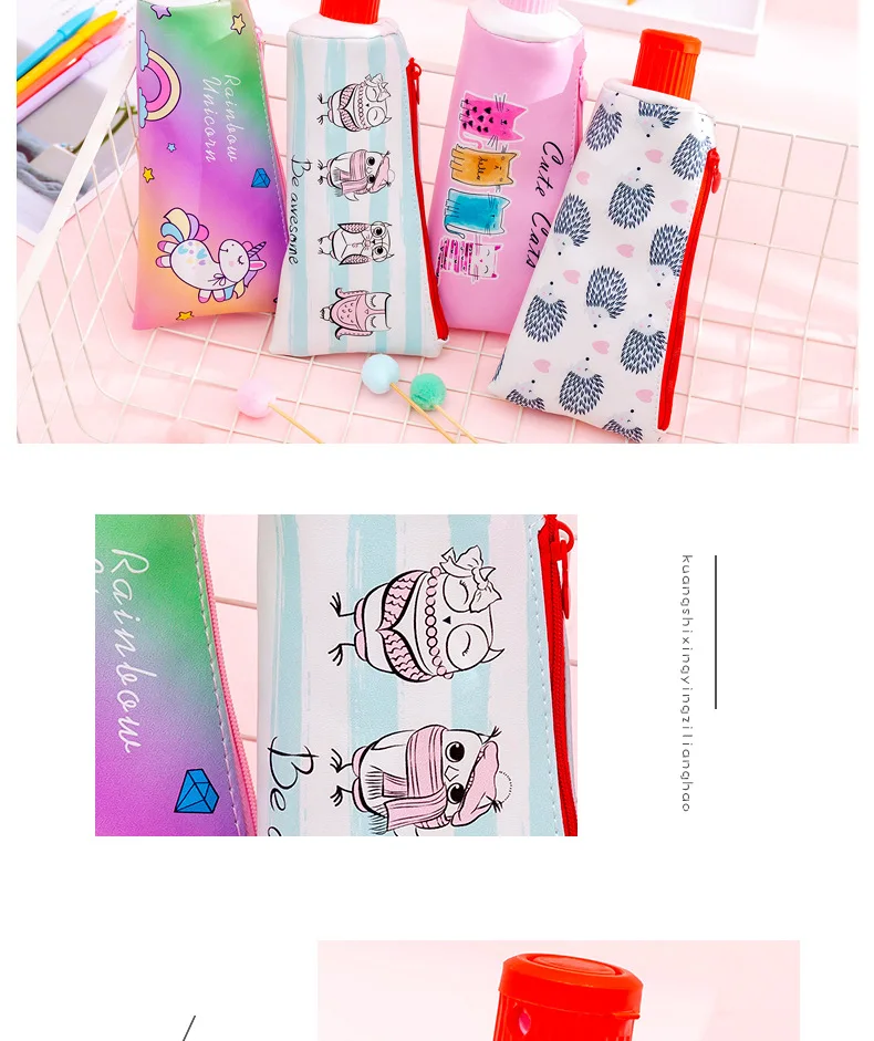 Creative toothpaste leather Pencil Case Cute Unicorn Owl cat large Pen Bag Kawaii Office School Supplies Korean Stationery