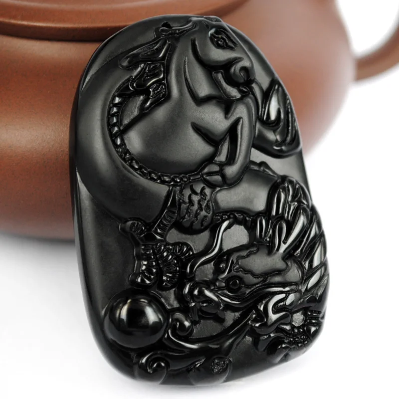 Подлинный натуральный Дракон из обсидиана ожерелье с подвеской в виде знака