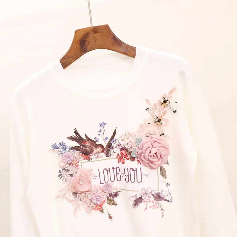 Женский трикотажный пуловер с длинным рукавом и 3D принтом весна-осень большие