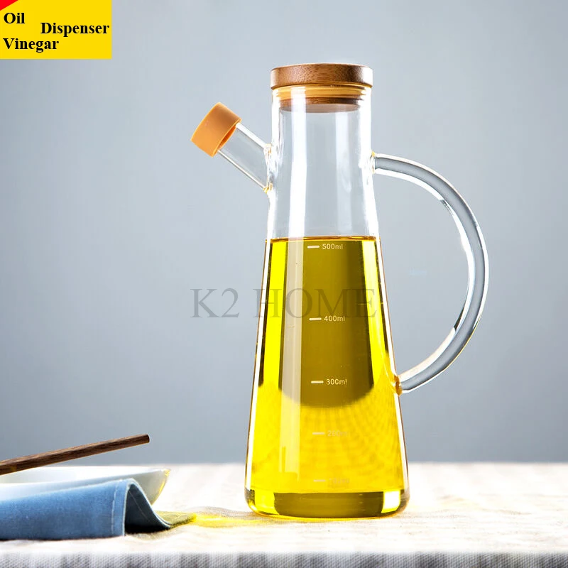 

500ML High Borosilicate Glass Olive Oil Vinegar Pot Dispenser Bottles Vinegar Can Cruet Storage With Handle & Lid Oil Bottle