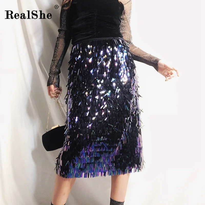 RealShe Winter Sexy Sequins Pencil Skirt Autumn High Waist Skirt Elegant Elastic Waist Bodycon Knee Length Skirts Womens