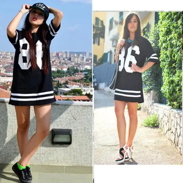 New 2014 Summer Women Celebrity Oversized 86 American Baseball Tee T Shirt Top Short Sleeve Loose Dress Black M L XL | Женская одежда