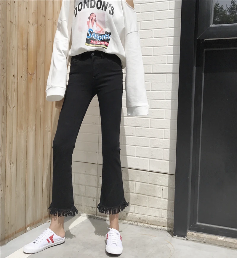 Womens Trousers Flare Tassel Embllished Harajuku Calca Black Denim Jeans Feminina Stretchy Ropa Verano Mujer Ulzzang Pants |