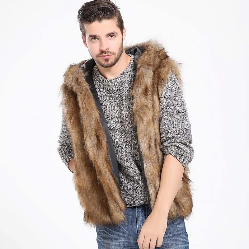 Winter Thicken Warm Men Hairy Faux Fur Vest Hoodie Hooded Waistcoats Sleeveless Pocket Coat Outerwear Jacket Plus Size 2X 7Q2141 | Мужская